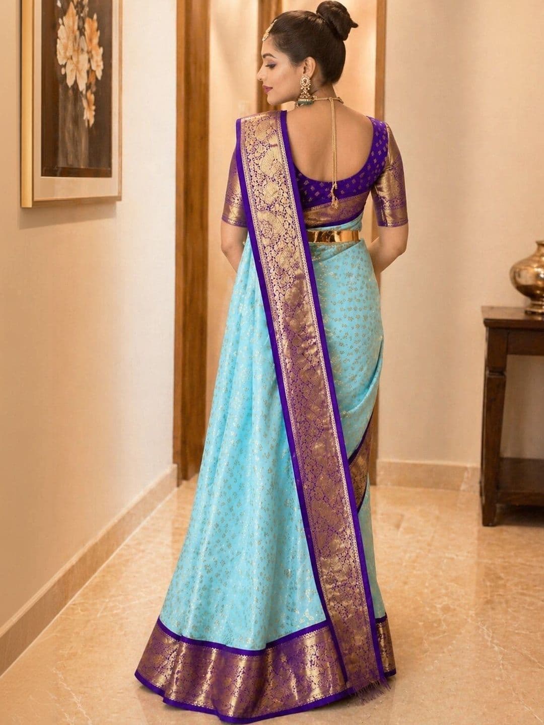 PAZVADI Woven Design Zari Silk Blend Designer Kanjeevaram Saree thumbnail 6
