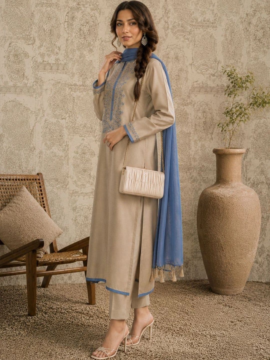 Sangria Women Ethnic Motifs Embroidered Chanderi Silk Kurta with Trousers & Dupatta thumbnail 6