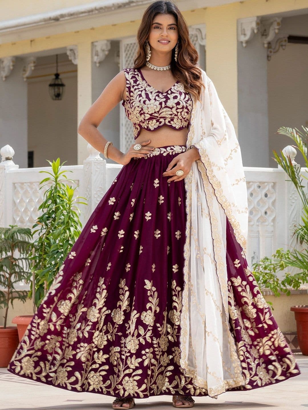 IVARIS Embellished Sequinned Ready to Wear Lehenga & Unstitched Blouse With Dupatta - view 1
