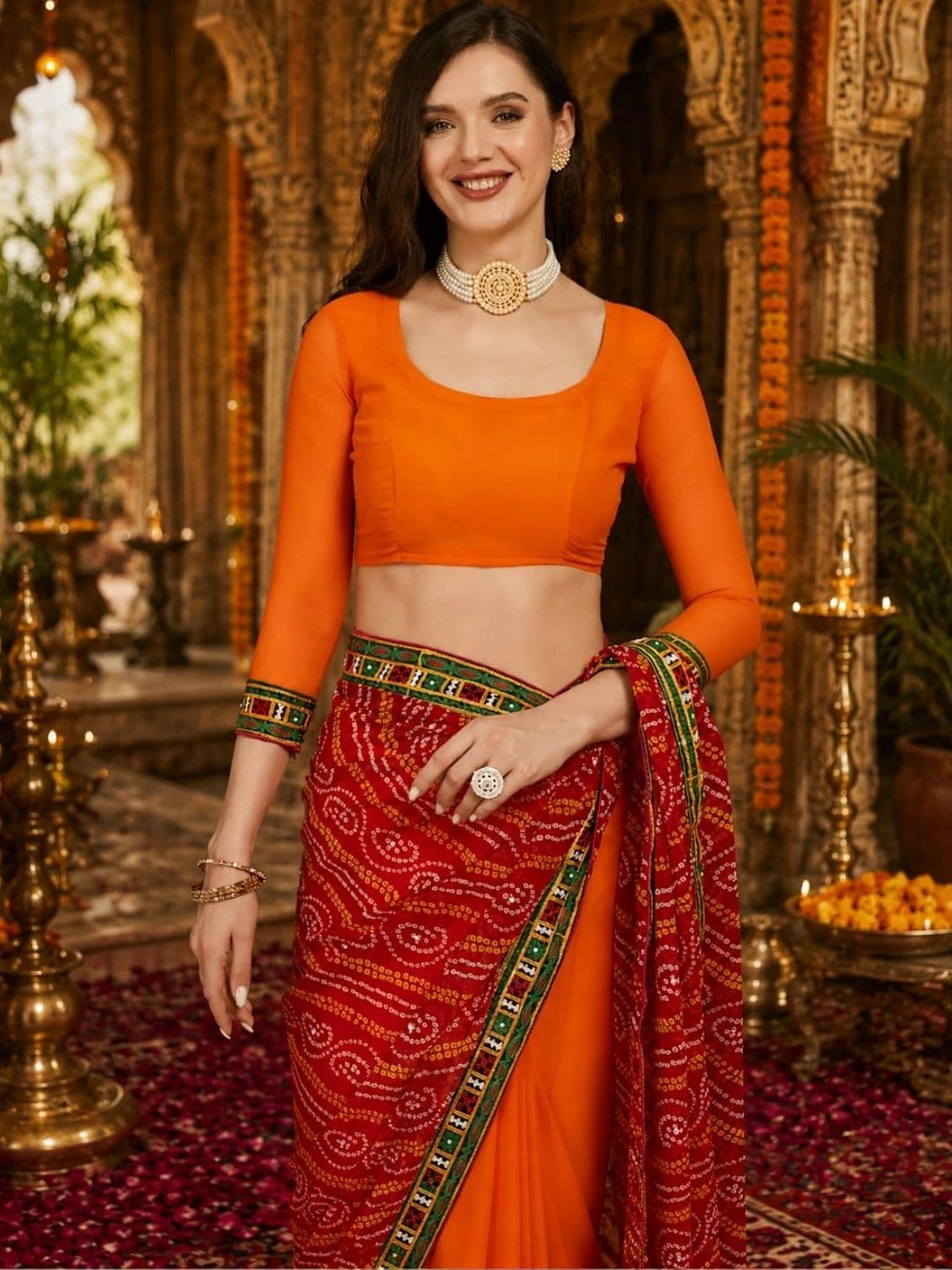 SERONA FABRICS Bandhani Embroidered Poly Georgette Half and Half Bandhani Saree thumbnail 3