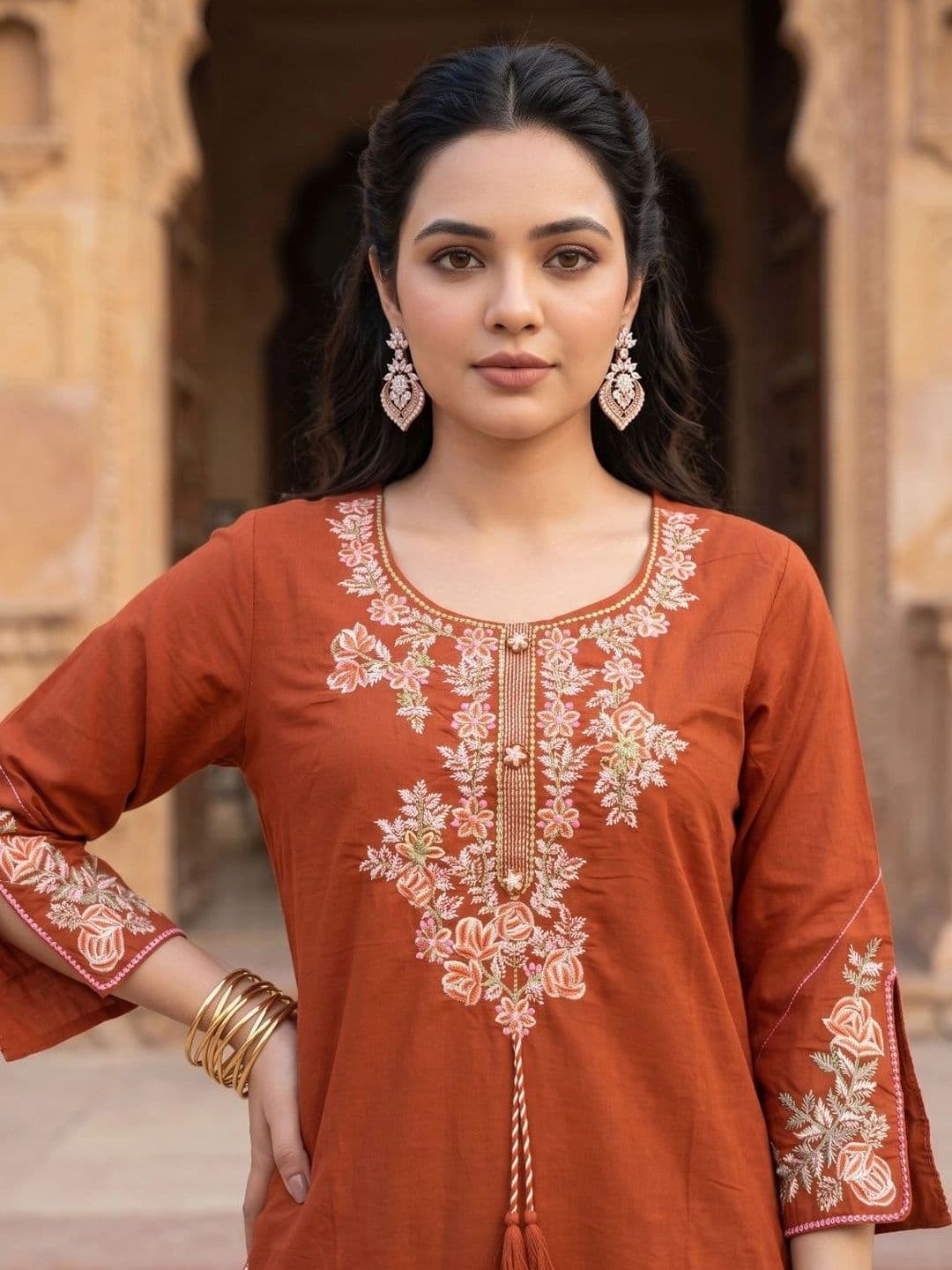 Varun Handicraft Women Regular Thread Work Pure Cotton Kurta with Palazzos & With Dupatta thumbnail 7