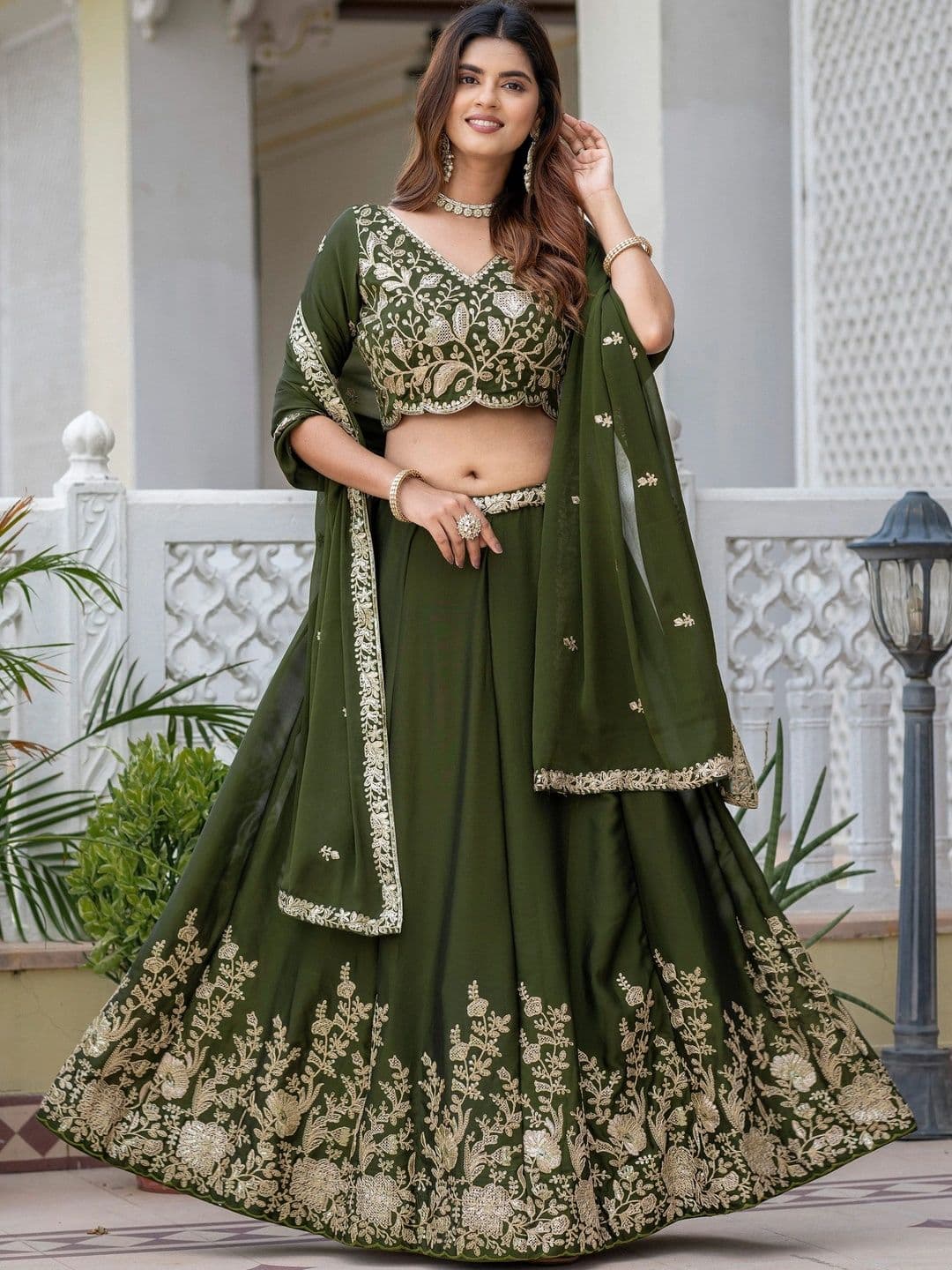 IVARIS Embroidered Sequinned Ready to Wear Lehenga & Unstitched Blouse With Dupatta - view 1