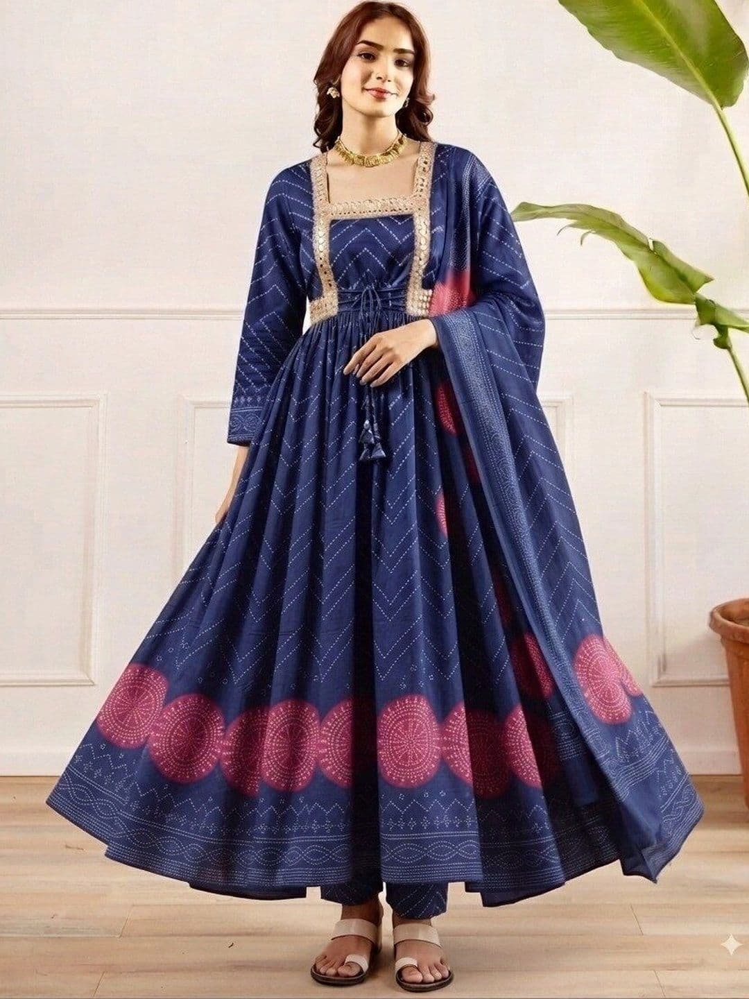 MILAAV Women Printed Empire Mirror Work Pure Cotton Kurta with Trousers & With Dupatta thumbnail 3