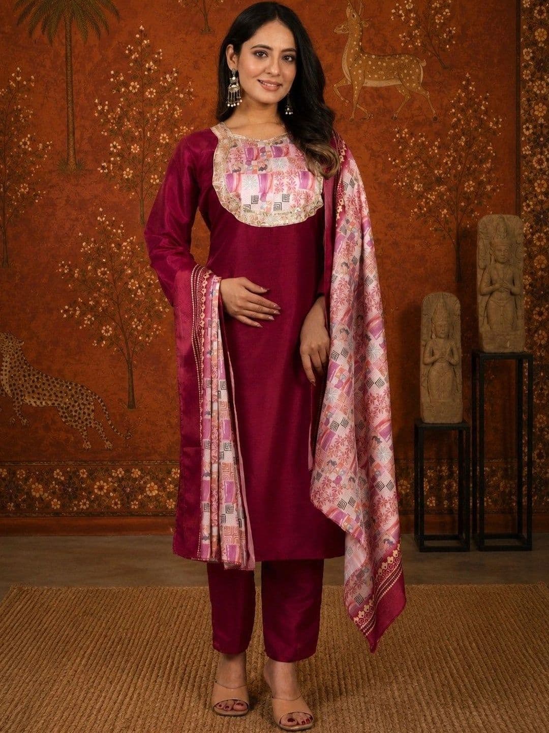 Sangria Women Ethnic Motifs Embroidered Regular Kurta with Trousers & With Dupatta - view 1