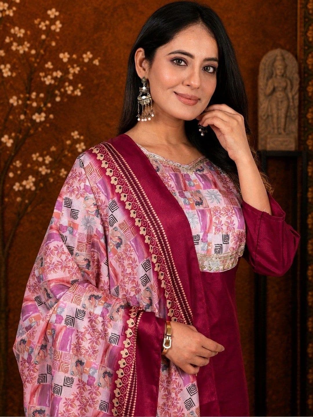 Sangria Women Ethnic Motifs Embroidered Regular Kurta with Trousers & With Dupatta thumbnail 7