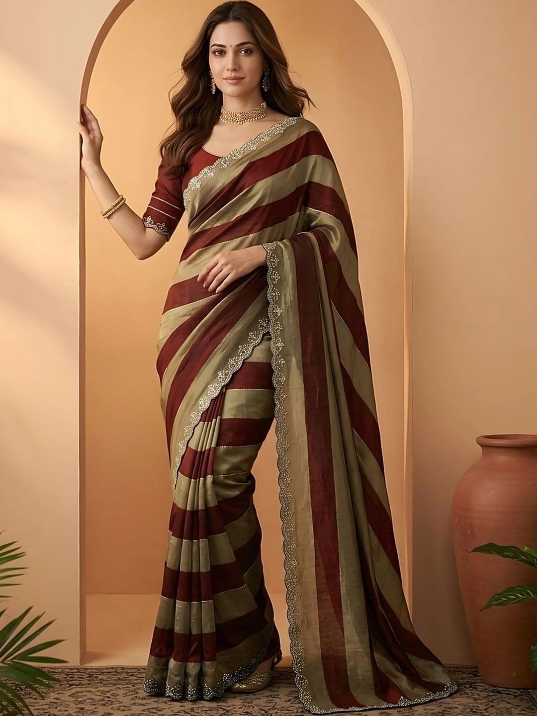 Mitera Striped Beads and Stones Silk Blend Fusion Saree thumbnail 4
