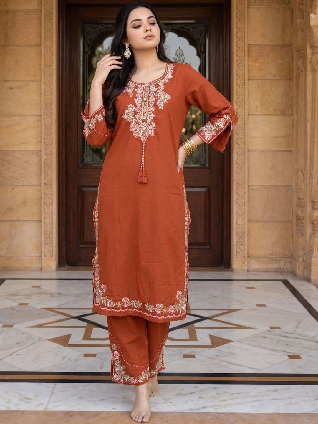 Varun Handicraft Women Regular Thread Work Pure Cotton Kurta with Palazzos & With Dupatta thumbnail 5
