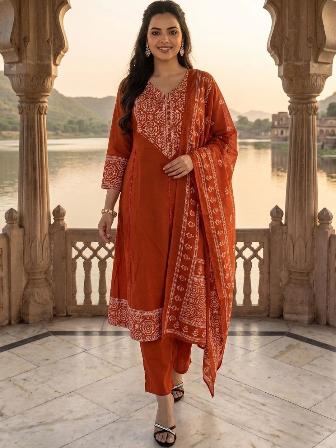 Sangria Women Ethnic Motifs Embroidered Regular Thread Work Pure Cotton Kurta with Trousers & With Dupatta - view 1