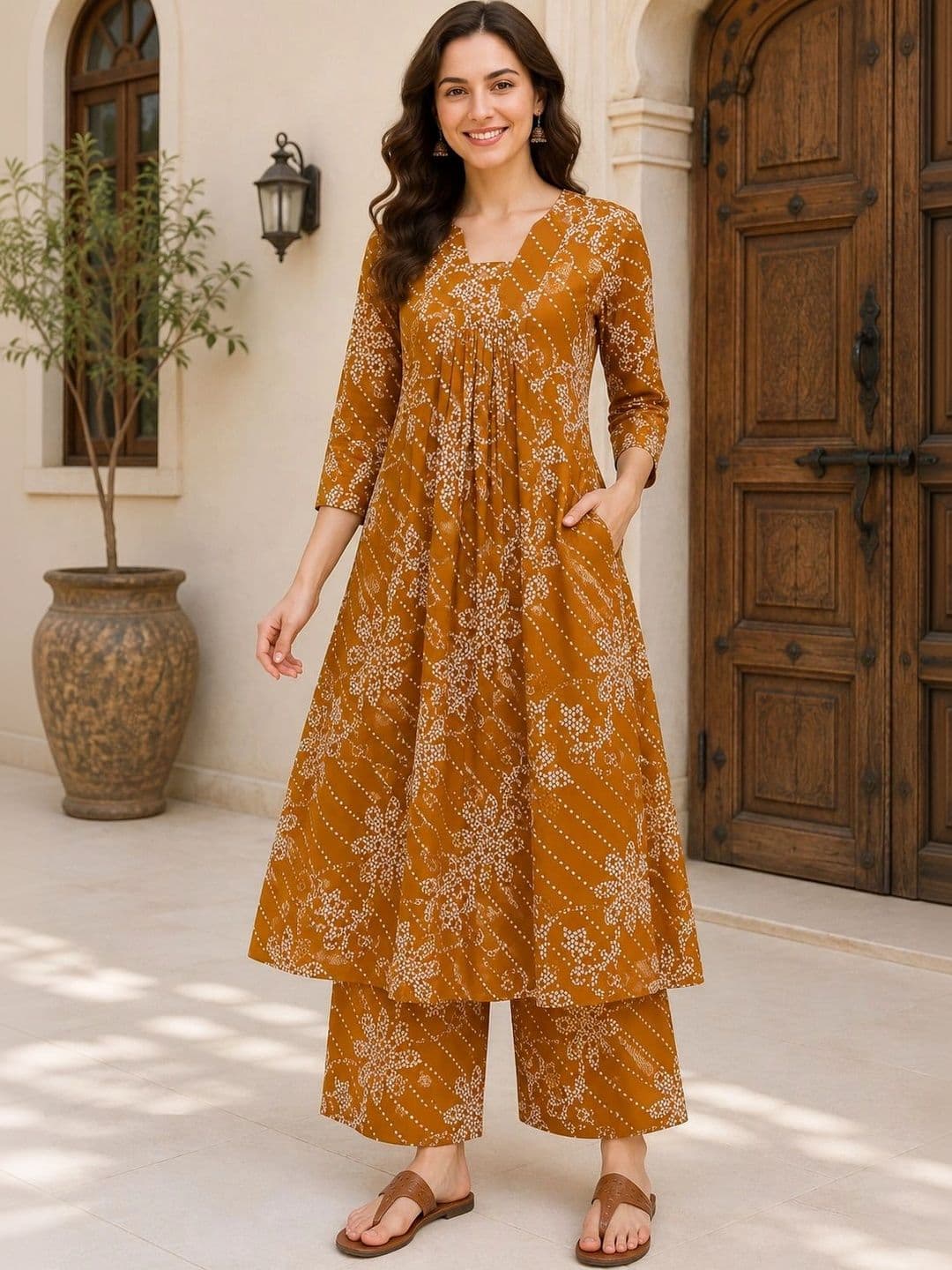EVANORA Women Ethnic Motifs Printed Empire Kurta with Palazzos thumbnail 4
