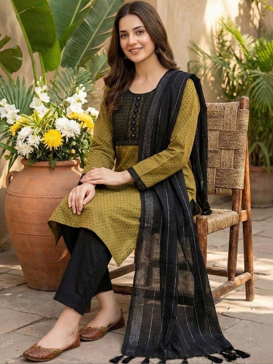 Sypher Boutique Women Ethnic Motifs Printed Regular Thread Work Pure Cotton Kurta with Trousers & With - view 1