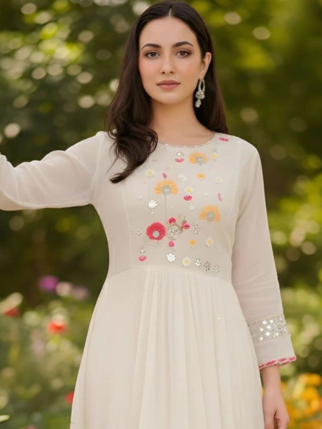 HERE&NOW Women Floral Embroidered Empire Mirror Work Kurta with Palazzos & With Dupatta thumbnail 4