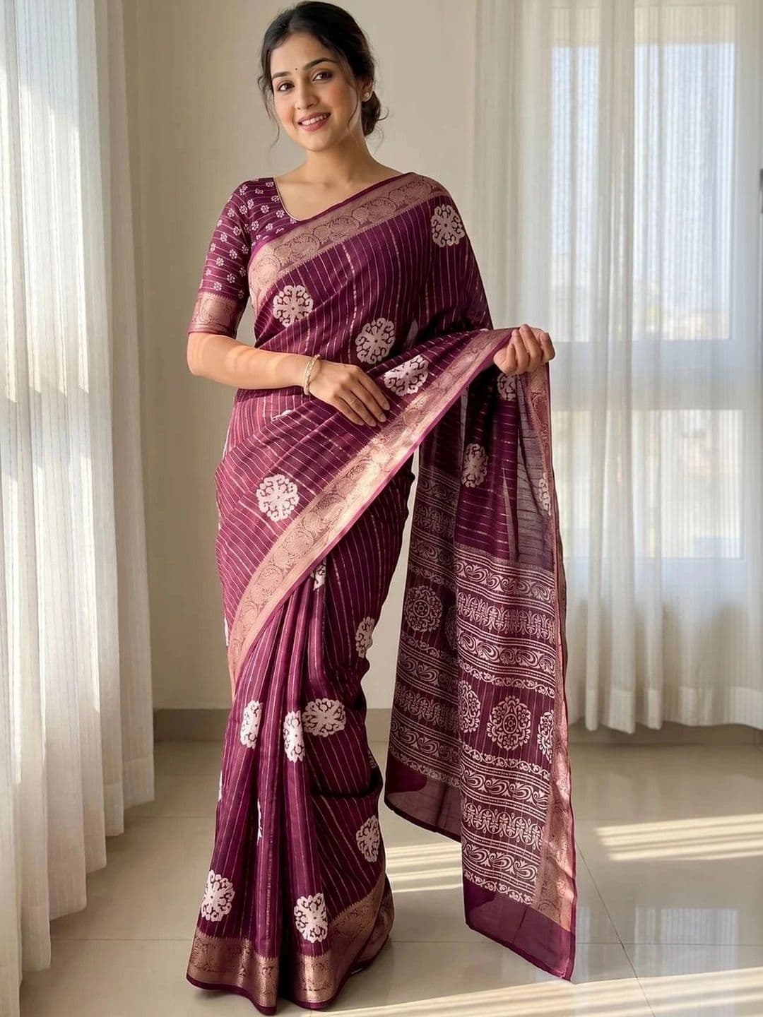 NARIVESH TRENDS Striped Poly Crepe Saree - view 1