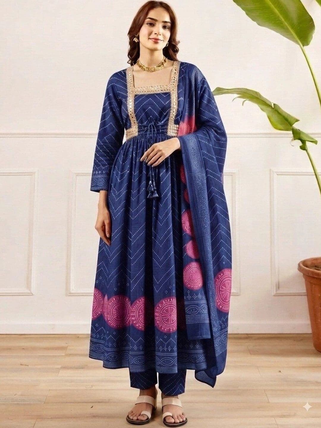 MILAAV Women Printed Empire Mirror Work Pure Cotton Kurta with Trousers & With Dupatta - view 1