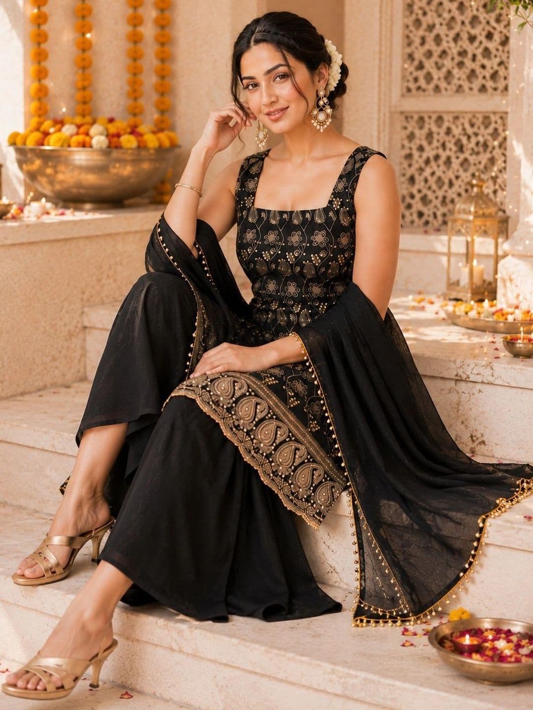 Sangria Women Ethnic Motifs Embroidered Regular Kurta with Sharara & With Dupatta thumbnail 4