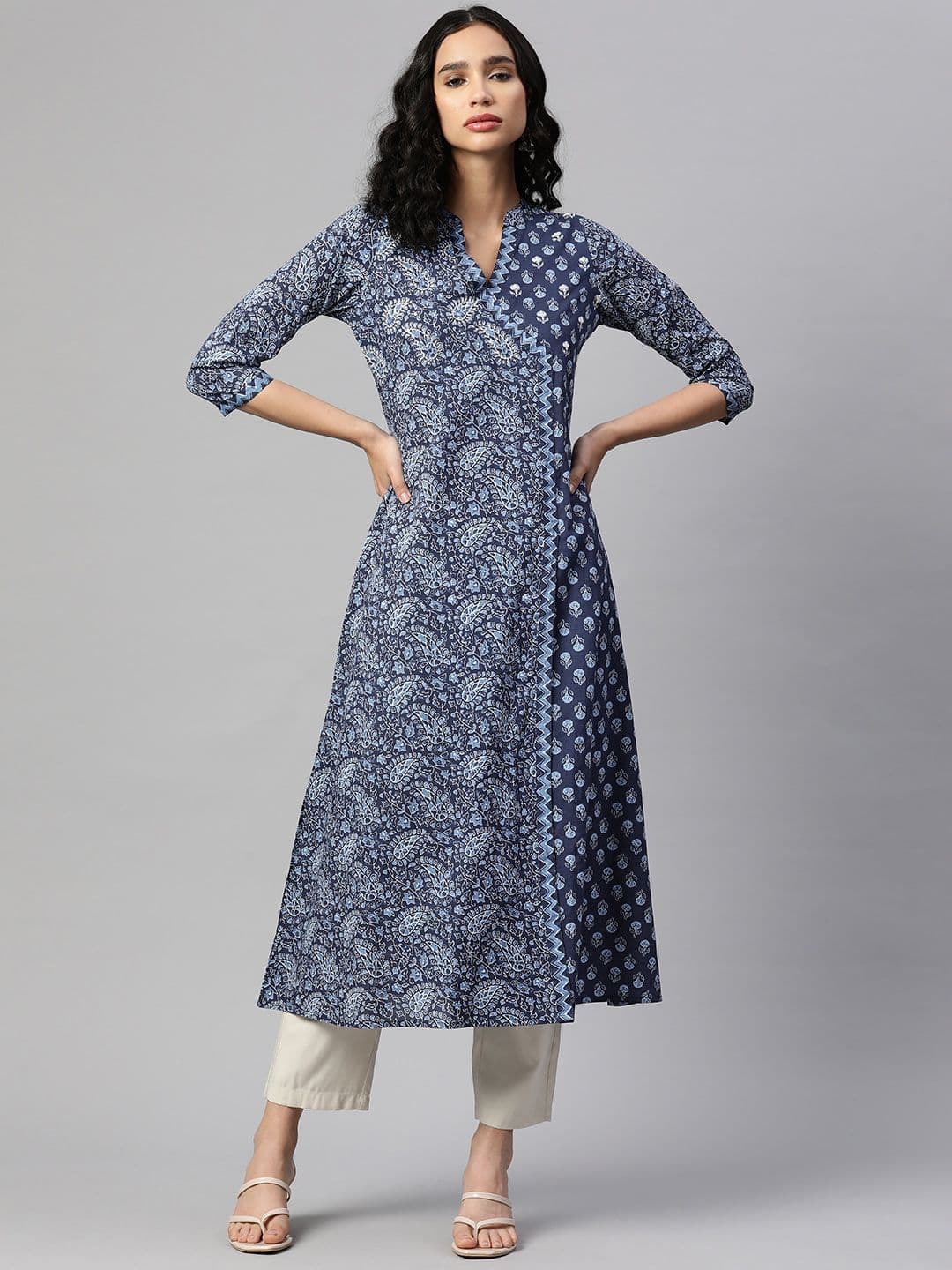 Vbuyz Womens Blue Cotton A-Line Printed Ethnic Kurti with Hand Work 3/4 Sleeves and V-Neck thumbnail 4