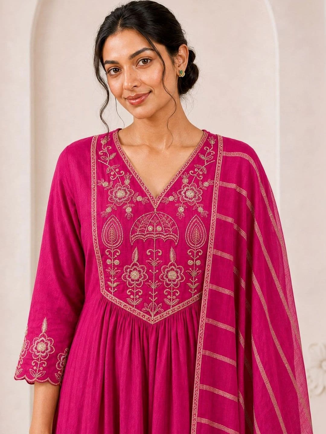 Aumira Women Ethnic Motifs Embroidered Empire Thread Work Kurta with Trousers & With Dupatta thumbnail 4