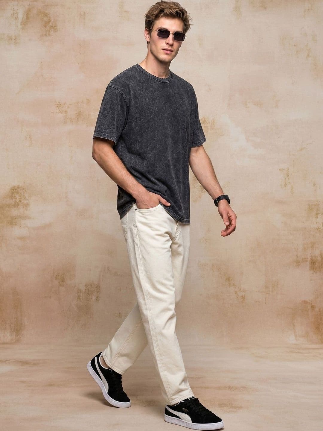 VEIRDO Men Black Acid Wash Printed Drop-Shoulder Sleeves Pure Cotton Oversize T-shirt thumbnail 4