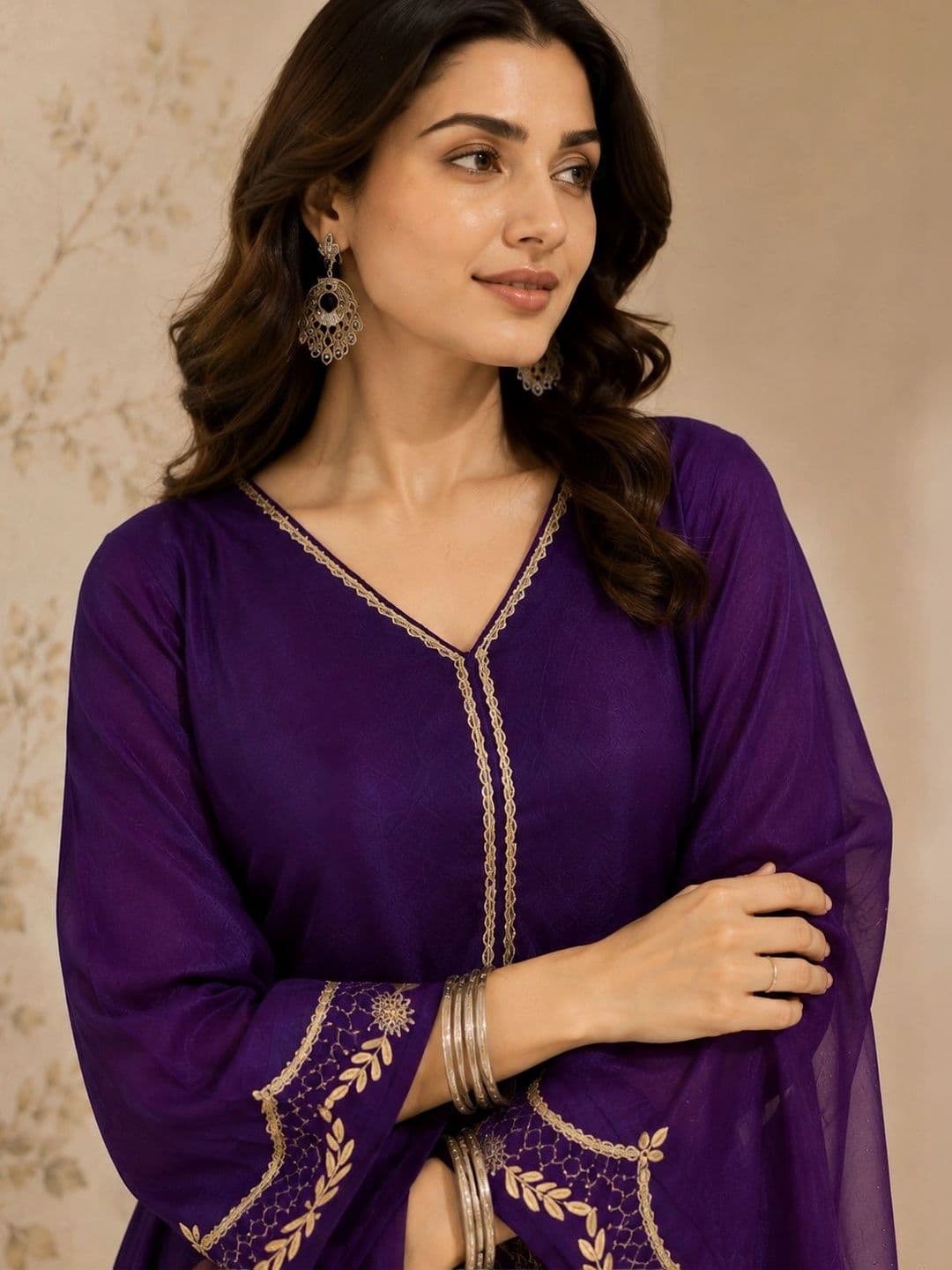 Sangria Women Ethnic Motifs Embroidered Regular Kurta with Trousers & With Dupatta thumbnail 3