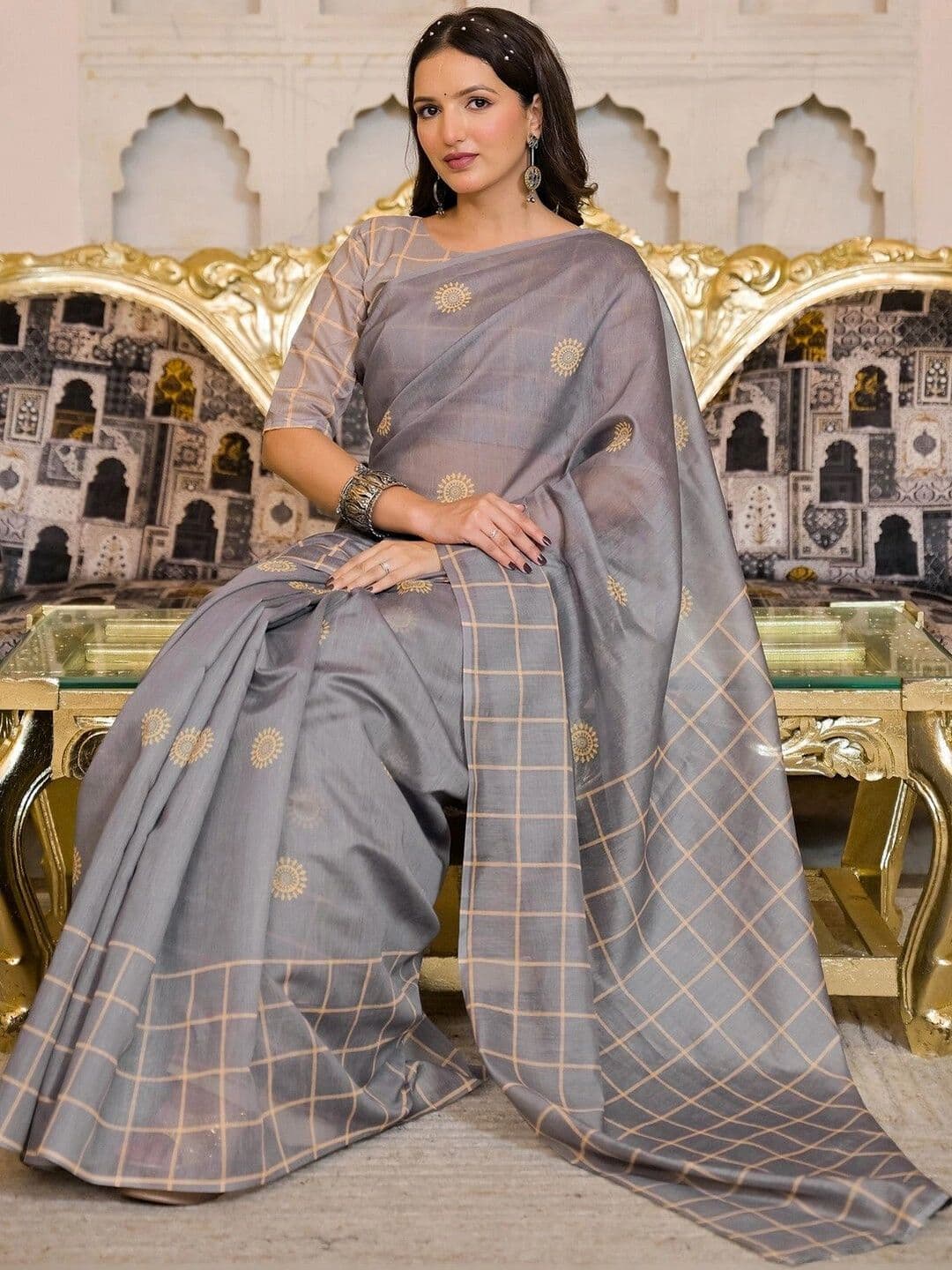 KALINI Checked Embroidered Silk Blend Saree thumbnail 6