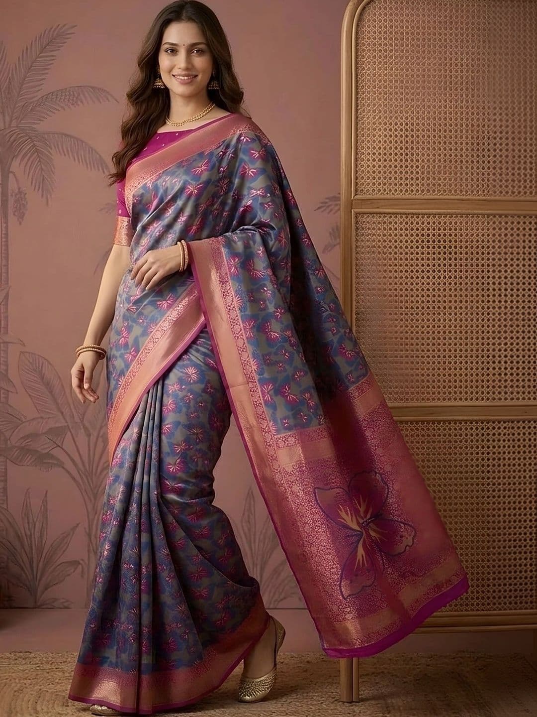 Mitera Floral Zari Silk Blend Saree - view 1