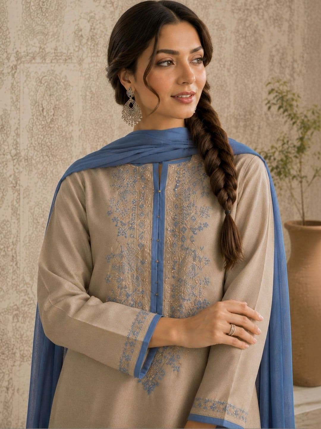 Sangria Women Ethnic Motifs Embroidered Chanderi Silk Kurta with Trousers & Dupatta thumbnail 2