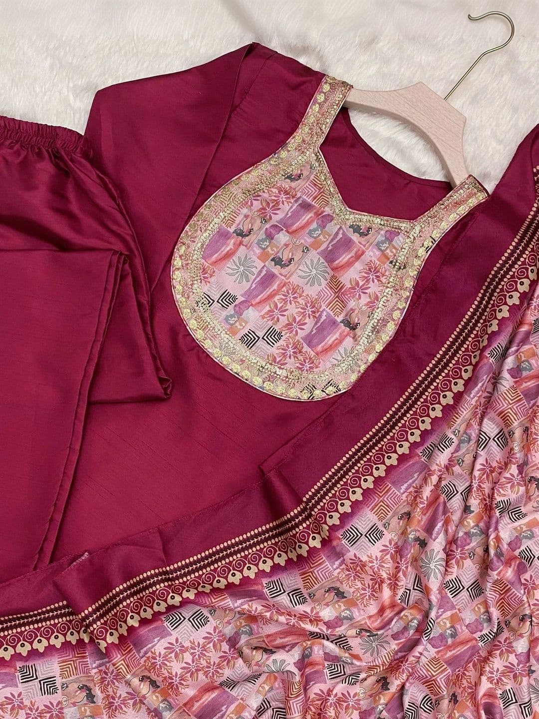 Sangria Women Ethnic Motifs Embroidered Regular Kurta with Trousers & With Dupatta thumbnail 2