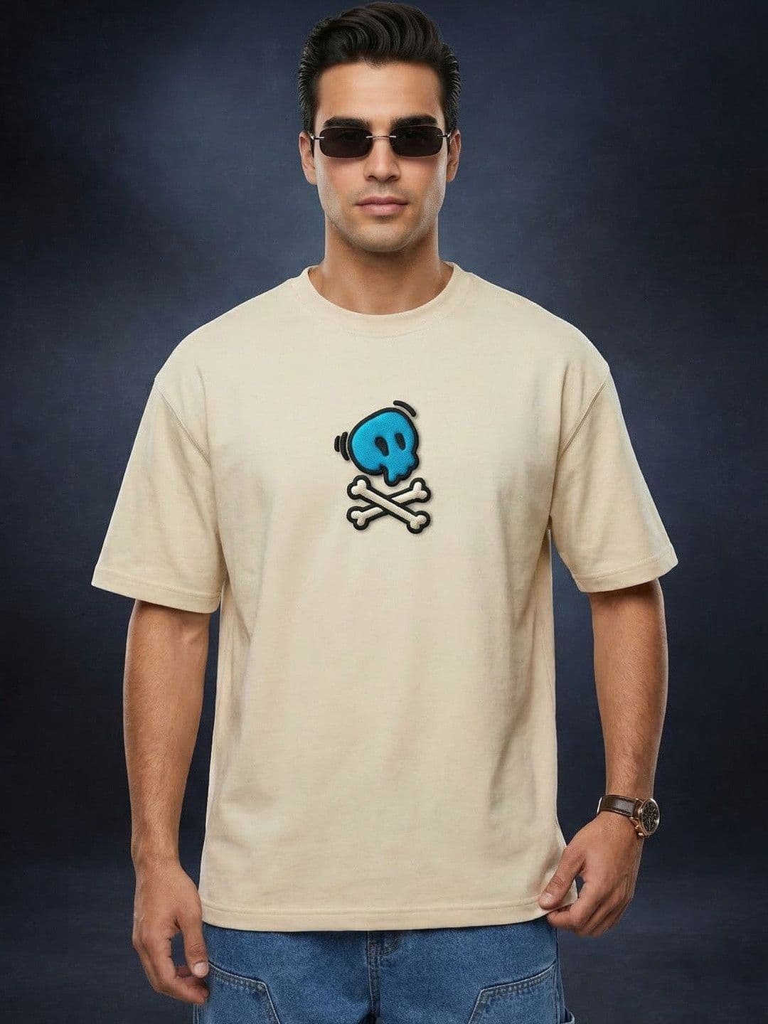 VEIRDO Men Puff Printed Drop-Shoulder Sleeves Pure Cotton Applique T-shirt thumbnail 5