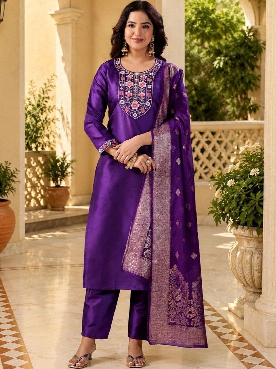 Klotden Women Ethnic Motifs Embroidered Regular Thread Work Kurta with Trousers & With Dupatta - view 1