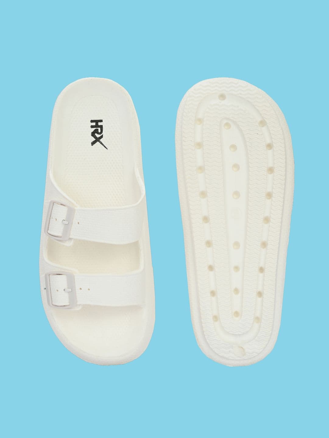 HRX by Hrithik Roshan Men White Two Strap Rubber Sliders With Buckle Detail thumbnail 4