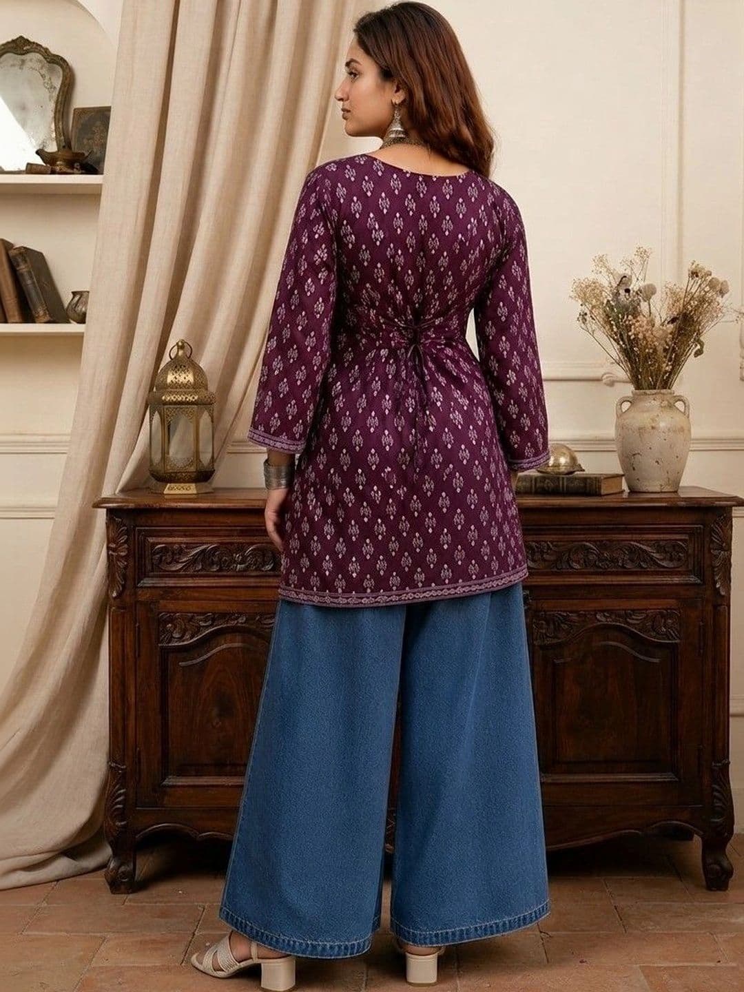 Sangria Ethnic Motifs Printed Square Neck Flared Sleeves Pure Cotton Kurti thumbnail 4