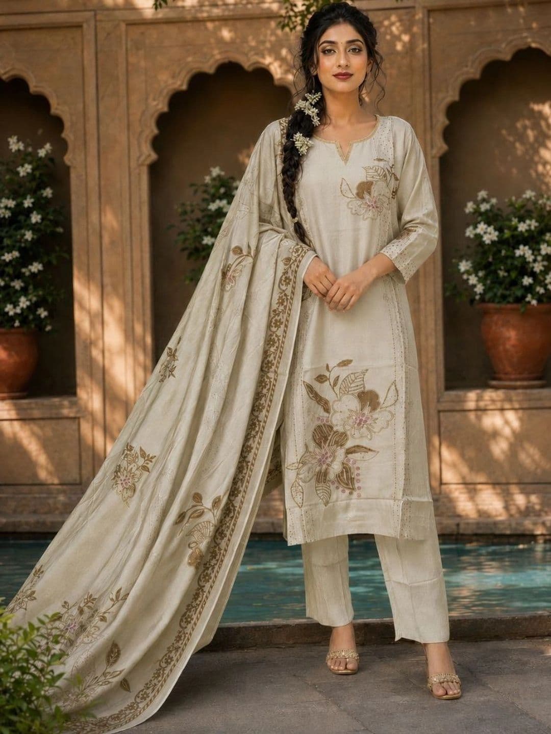 ETHONEA Women Floral Embroidered Regular Thread Work Pure Silk Kurta with Trousers & With Dupatta - view 1