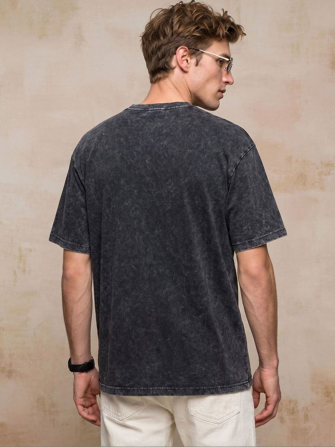 VEIRDO Men Black Acid Wash Printed Drop-Shoulder Sleeves Pure Cotton Oversize T-shirt thumbnail 3