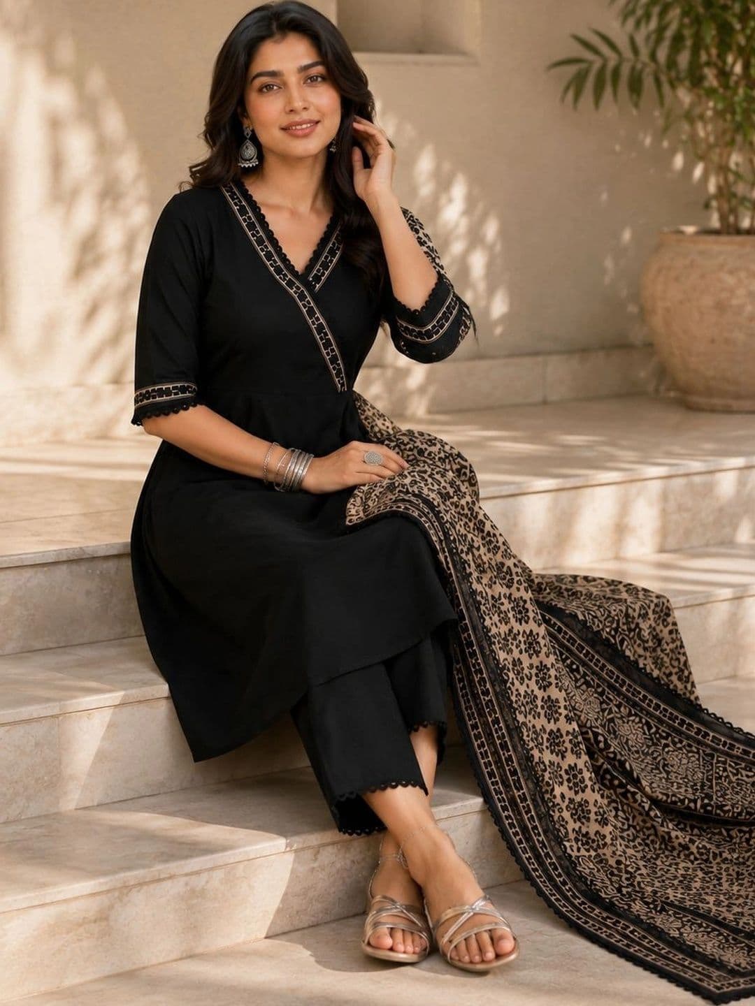 Sangria Women Ethnic Motifs Angrakha Chikankari Kurta with Palazzos & With Dupatta thumbnail 5