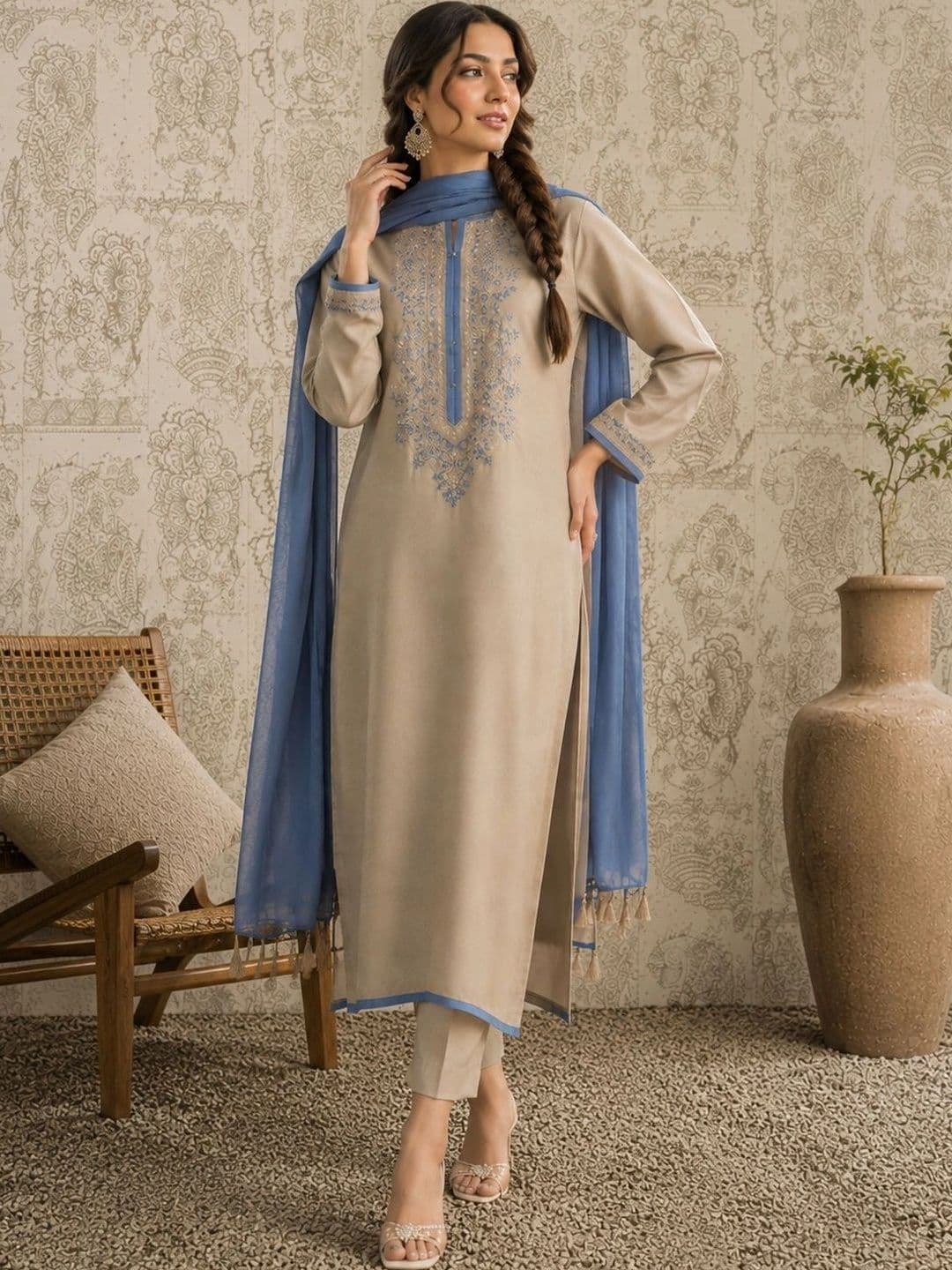 Sangria Women Ethnic Motifs Embroidered Chanderi Silk Kurta with Trousers & Dupatta - view 1
