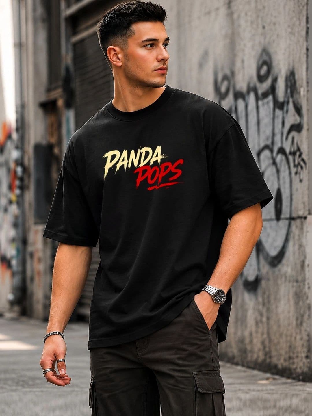 PANDA POPS Men Typography Printed Drop-Shoulder Sleeves T-shirt thumbnail 4