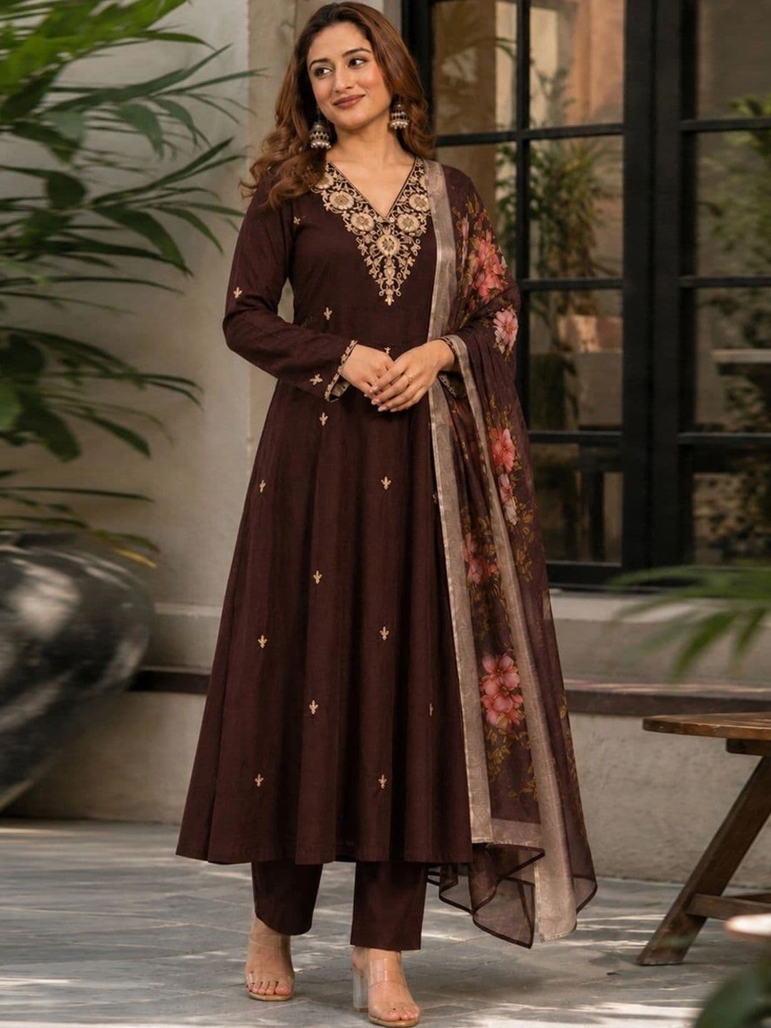 GoSriKi Women Floral Embroidered Empire Thread Work Kurta with Trousers & With Dupatta thumbnail 2