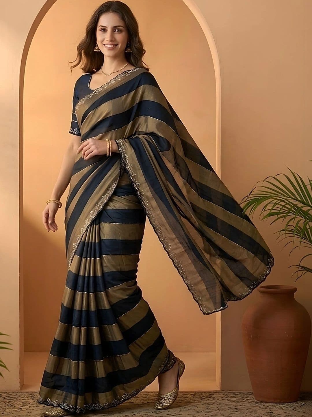 Mitera Striped Embroidered Silk Blend Fusion Saree - view 1