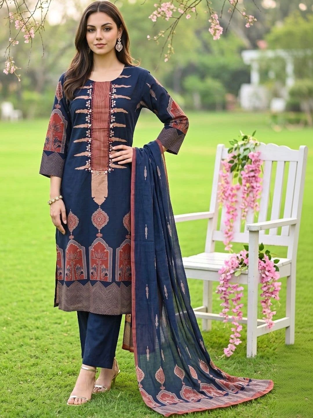 Sangria Women Ethnic Motifs Printed Pure Cotton Kurta with Palazzos & With Dupatta thumbnail 3