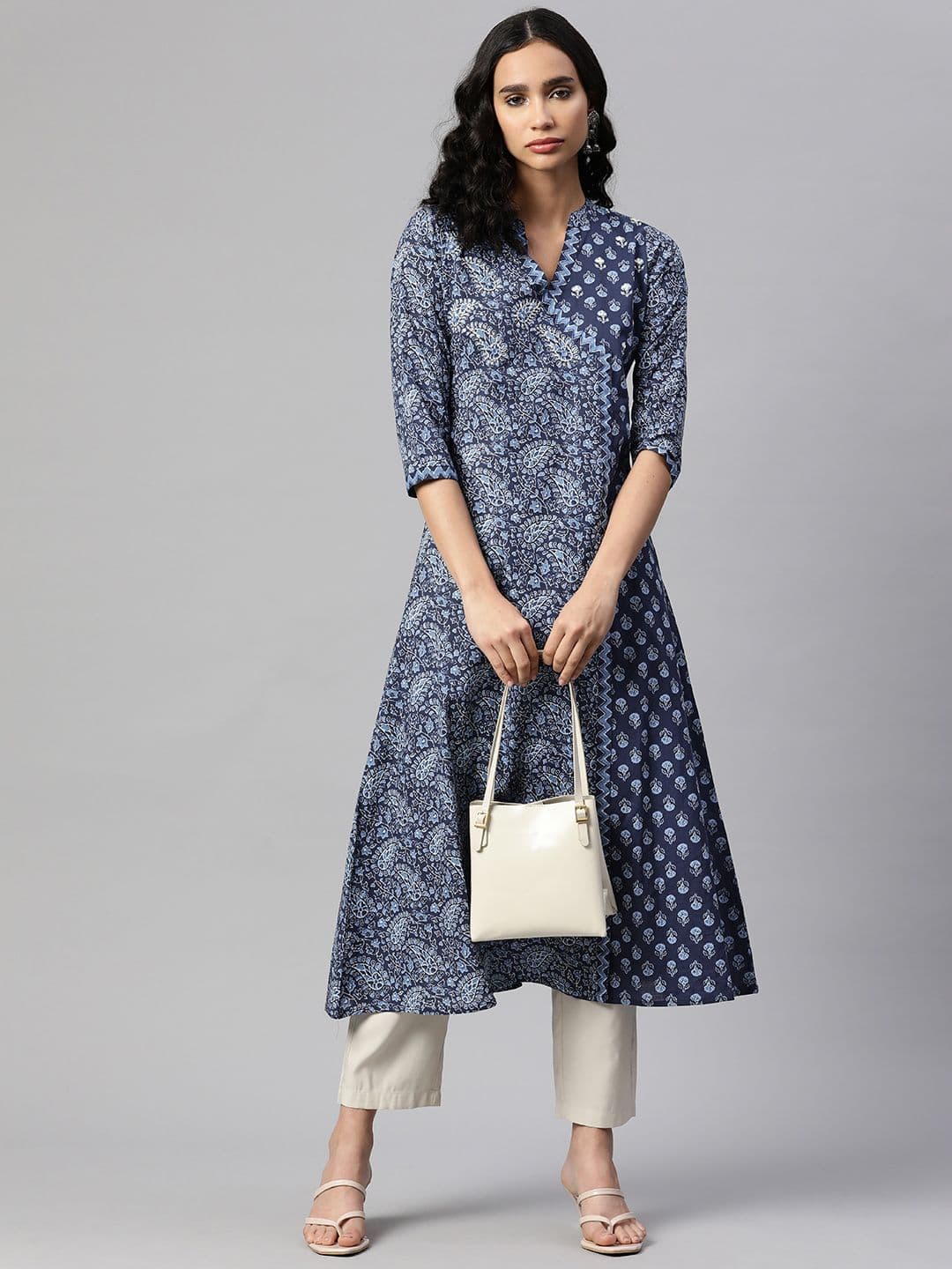 Vbuyz Womens Blue Cotton A-Line Printed Ethnic Kurti with Hand Work 3/4 Sleeves and V-Neck thumbnail 6