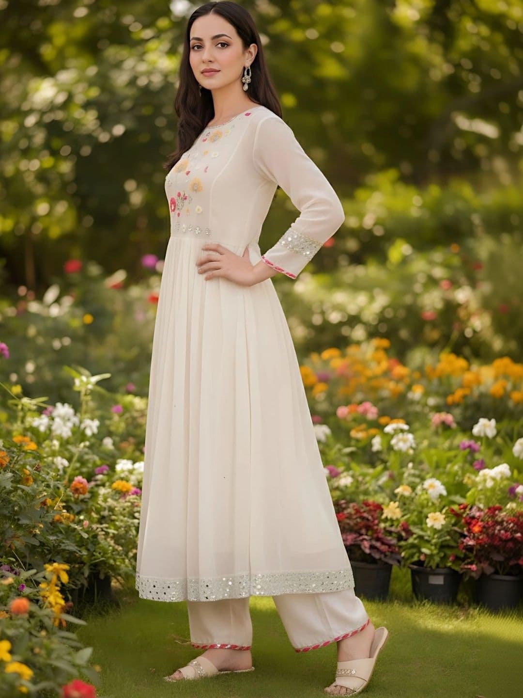 HERE&NOW Women Floral Embroidered Empire Mirror Work Kurta with Palazzos & With Dupatta thumbnail 5