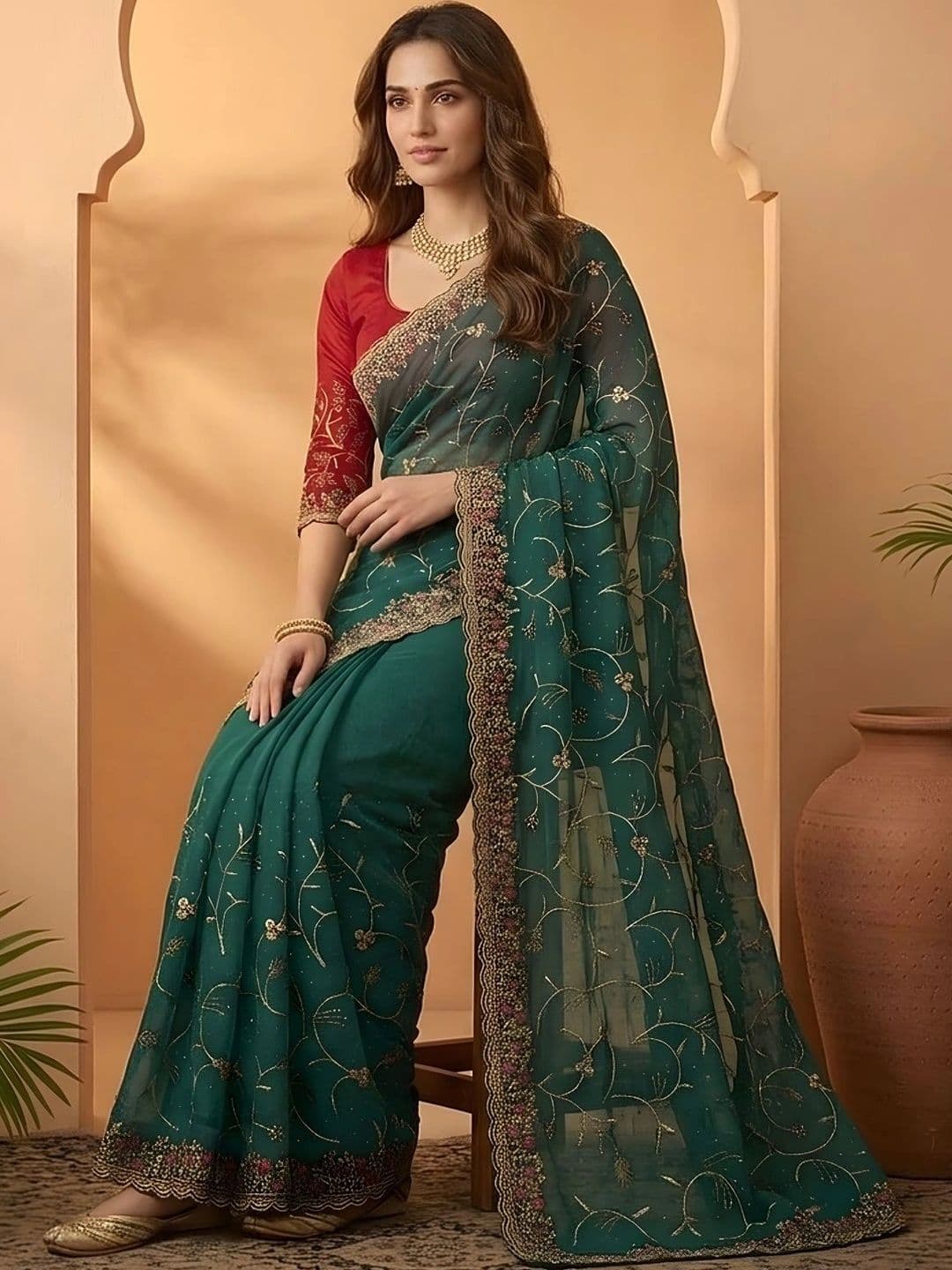 Mitera Floral Embroidered Silk Blend Fusion Saree thumbnail 3