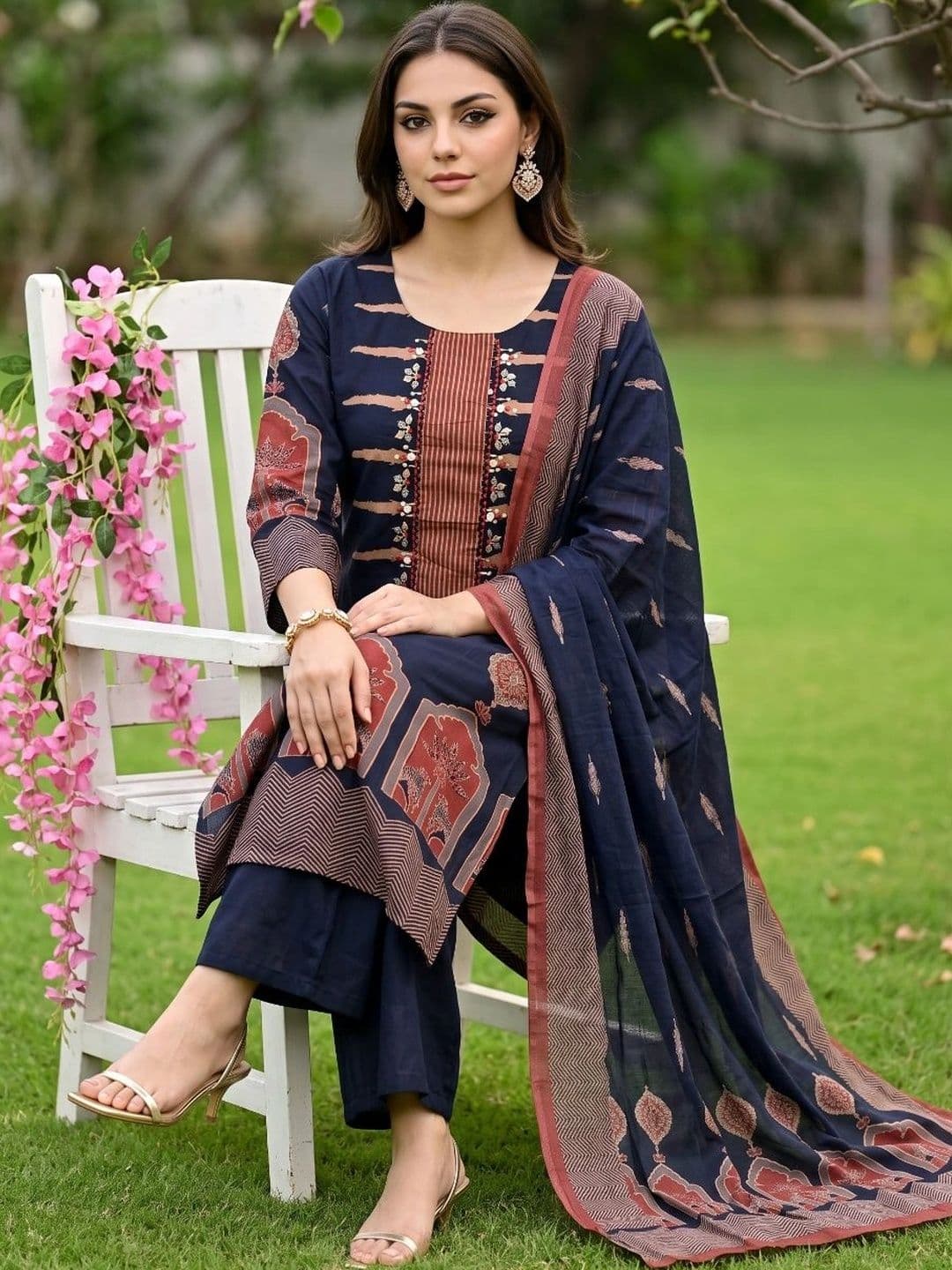 KALINI Women Ethnic Motifs Printed Regular Thread Work Pure Cotton Kurta with Palazzos & With Dupatta thumbnail 7