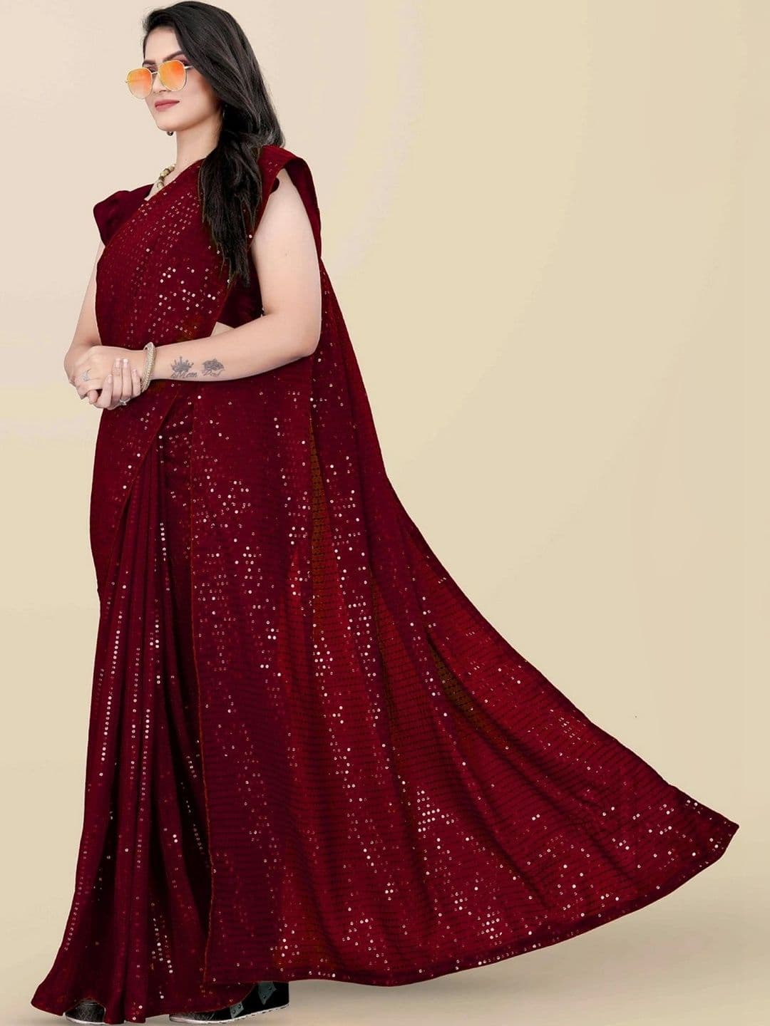 FashionsEye Embellished Sequinned Poly Georgette Designer Saree thumbnail 2