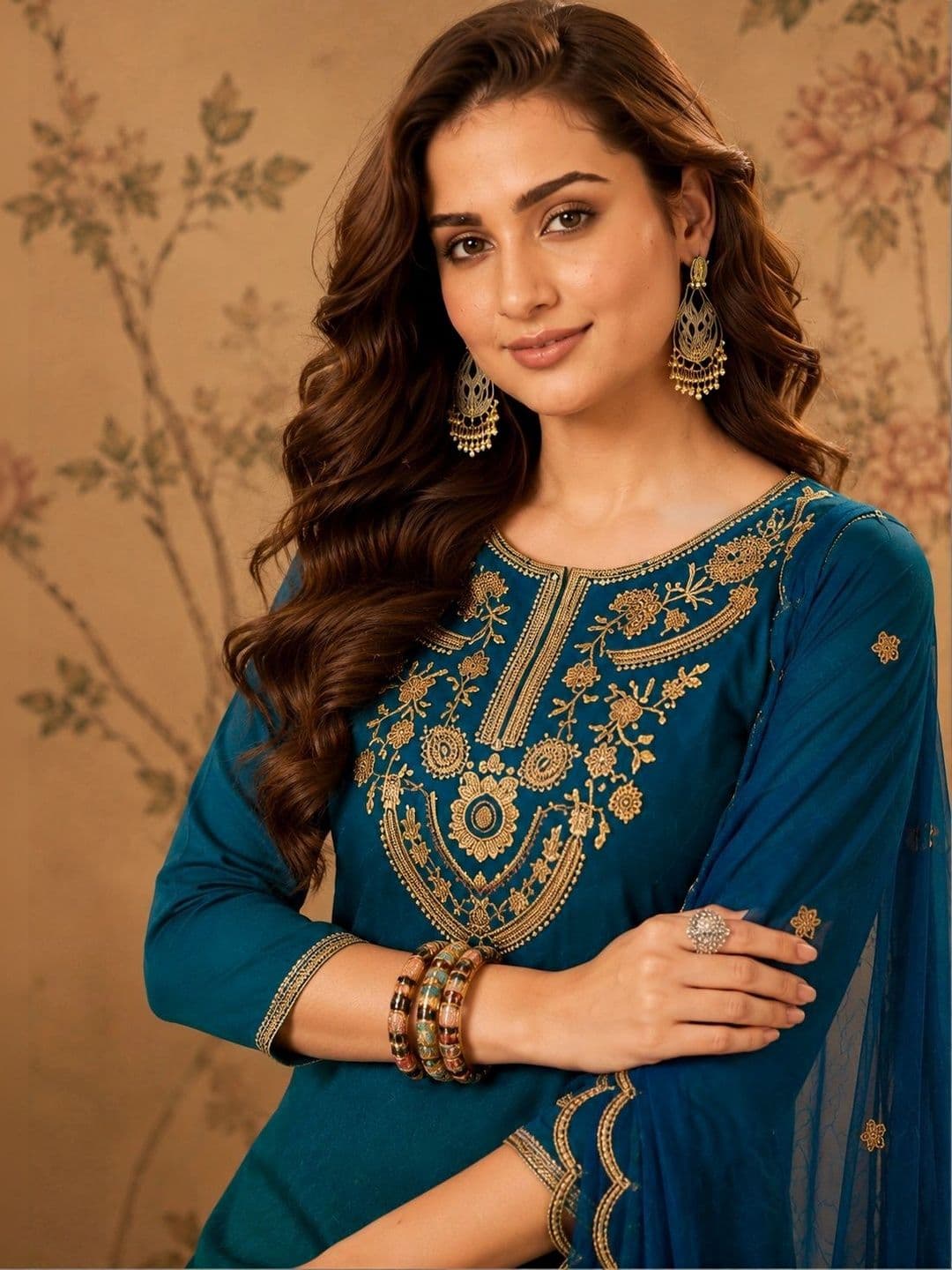 Sangria Women Ethnic Motifs Embroidered Regular Kurta with Trousers & With Dupatta thumbnail 5