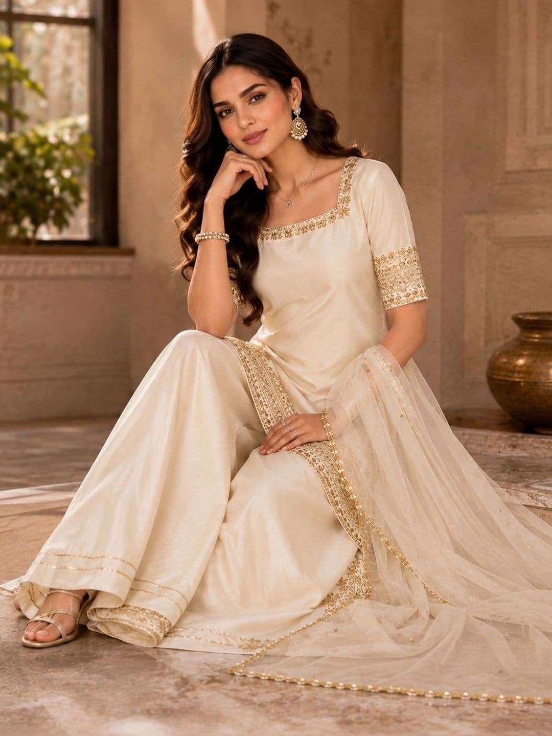 Sangria Women Ethnic Motifs Embroidered Regular Kurta with Palazzos & With Dupatta thumbnail 4