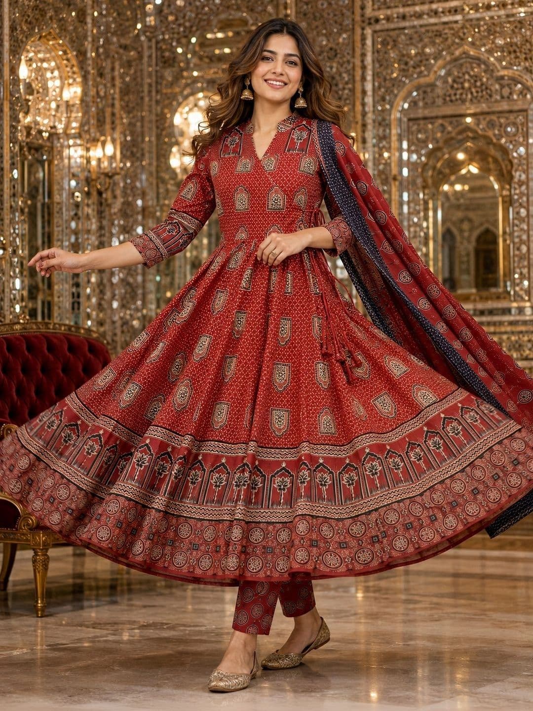 Berrylicious Women Ethnic Motifs Printed Angrakha Pure Cotton Kurta with Trousers & With Dupatta - view 1