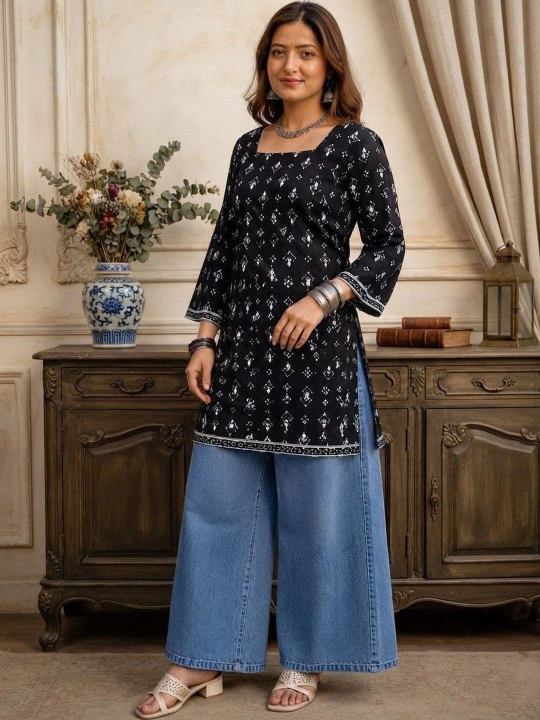 Sangria Ethnic Motifs Printed Square Neck Pure Cotton Kurti - view 1