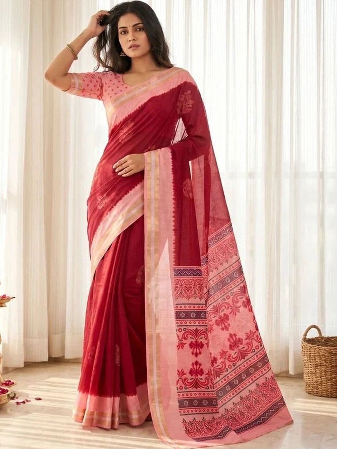 NARIVESH TRENDS Women's Woven Design Saree with Floral Printed Pallu & Blouse Piece - view 1