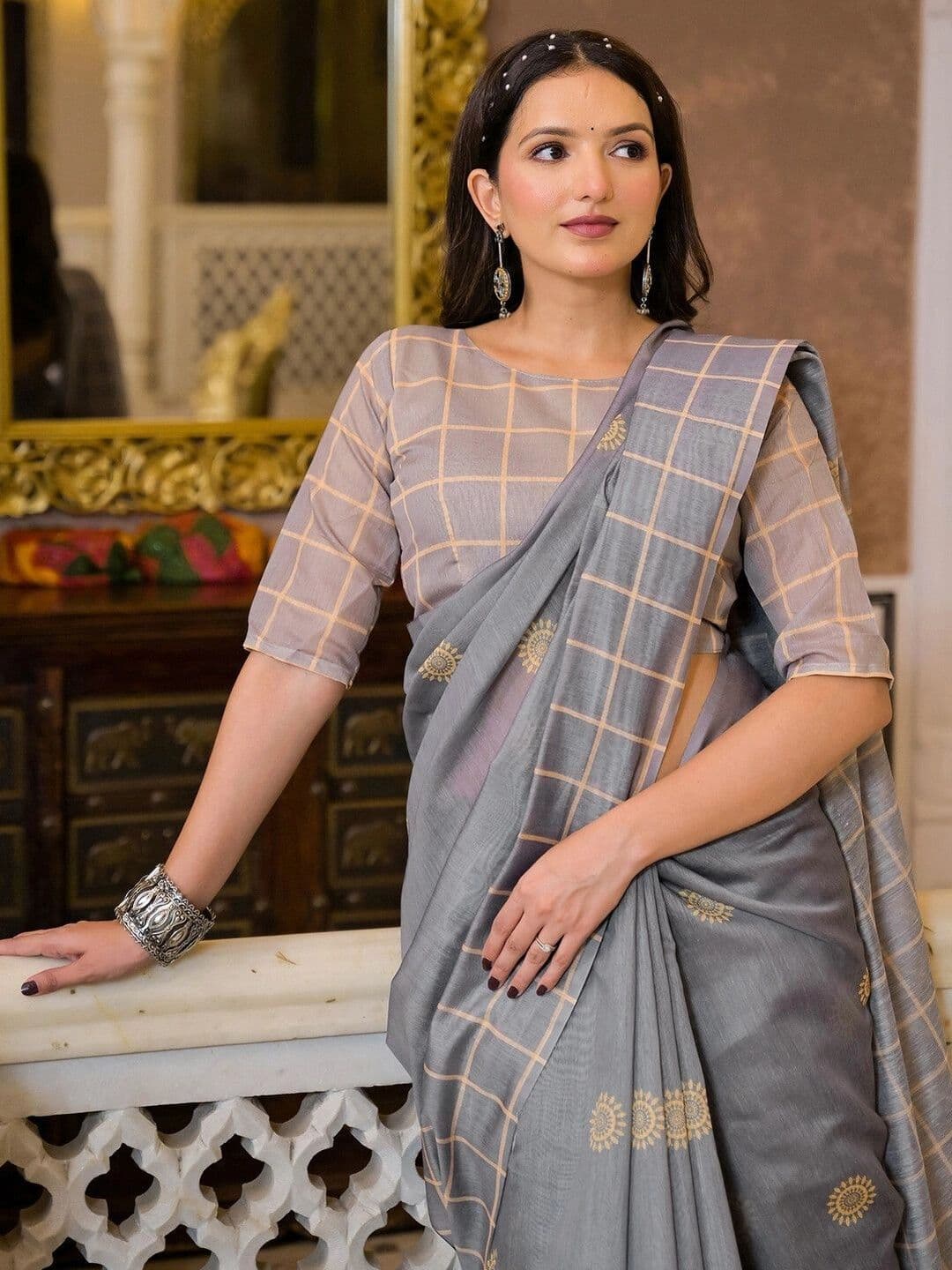 KALINI Checked Embroidered Silk Blend Saree thumbnail 5
