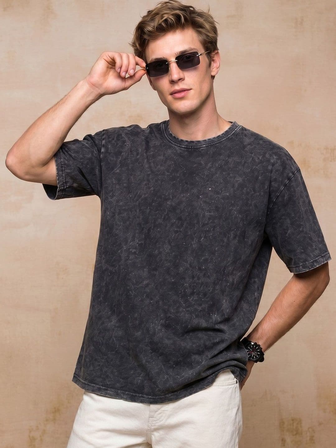 VEIRDO Men Black Acid Wash Printed Drop-Shoulder Sleeves Pure Cotton Oversize T-shirt - view 1